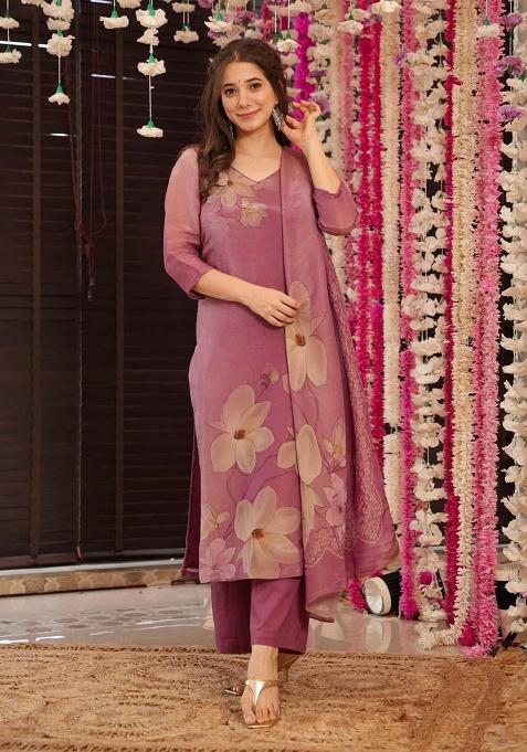 Purple Floral Silk Kurta Set