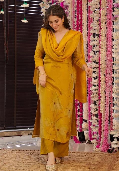 Yellow Embroidery Silk Kurta Set