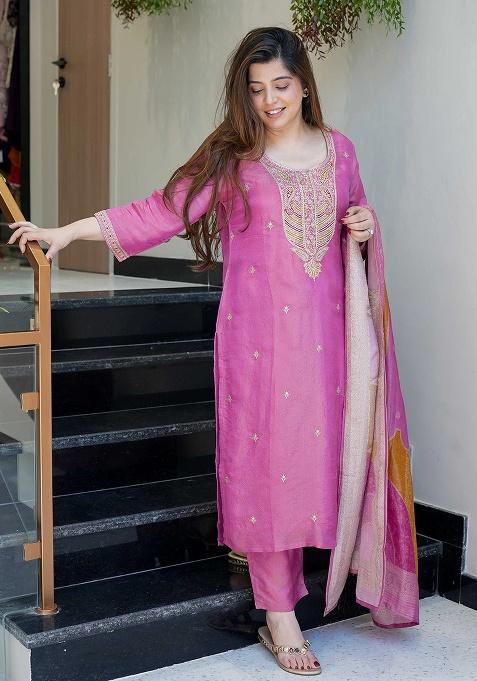 Peach Embroidery Viscose Kurta Set