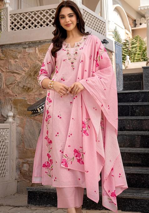 Pink Embroidery Chanderi Kurta Set