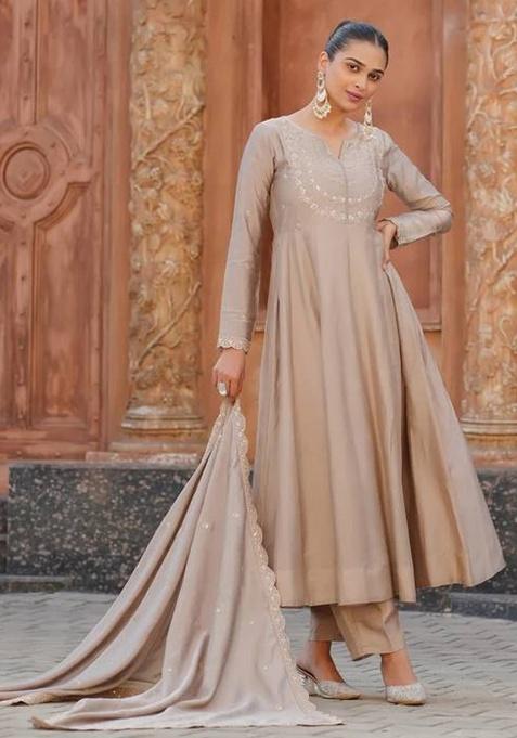 Cream Embroidery Silk Kurta Set