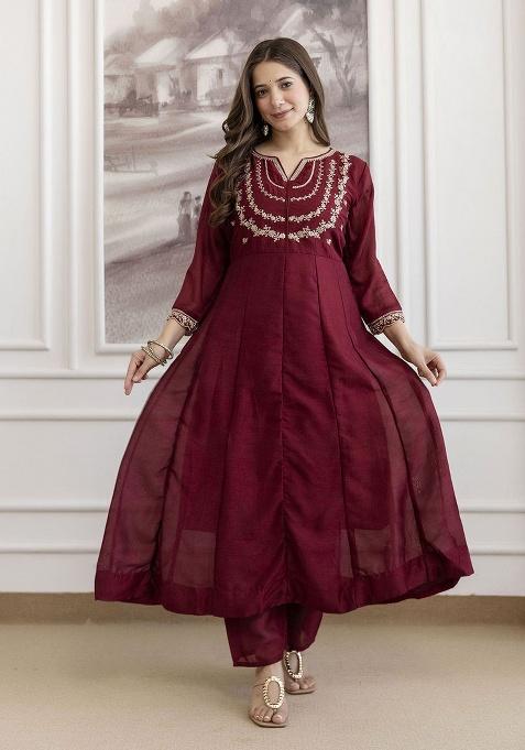 Maroon Embroidery Silk Kurta Set
