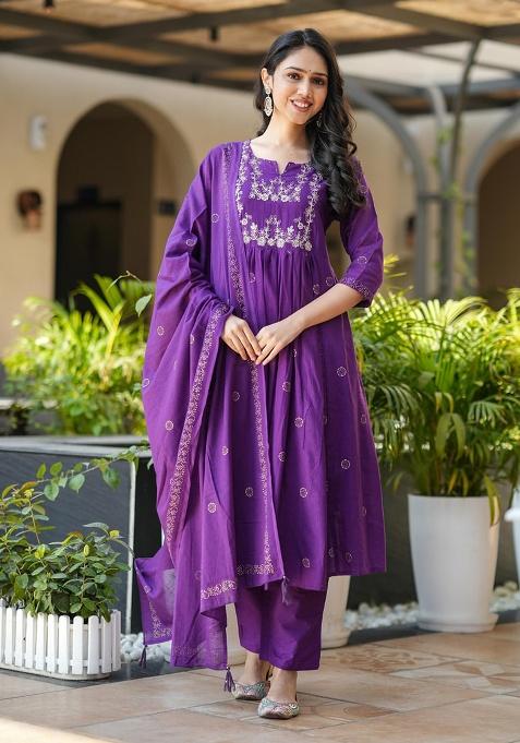 Purple Embroidery Rayon Kurta Set