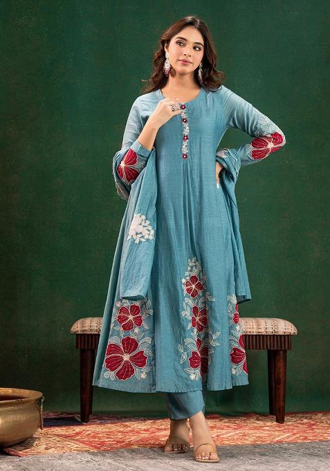 Blue Embroidery Chanderi Kurta Set