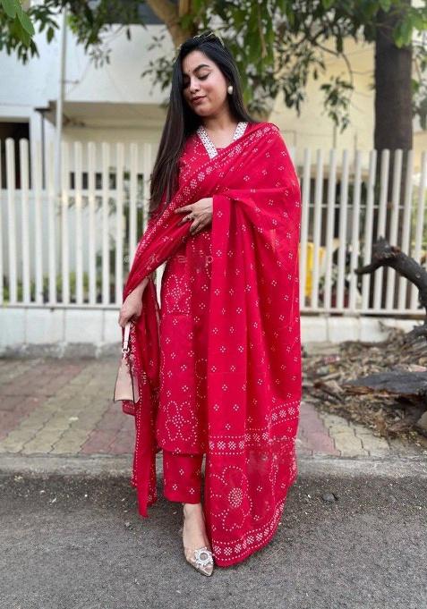 Red Embroidery Rayon Kurta Set