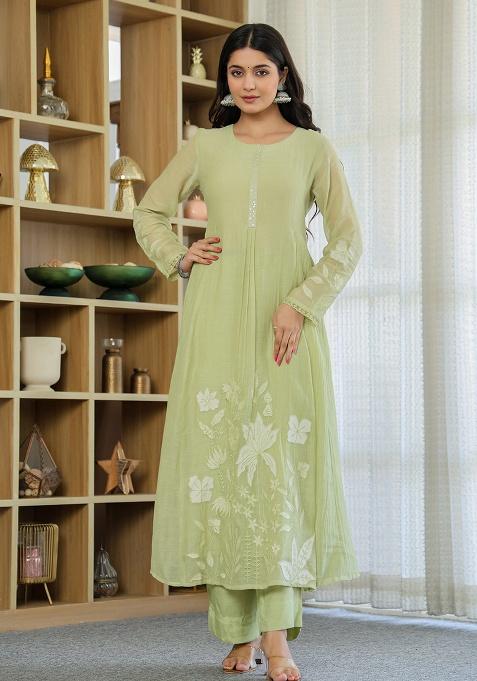 Sea Green Embroidery Chanderi Kurta Set