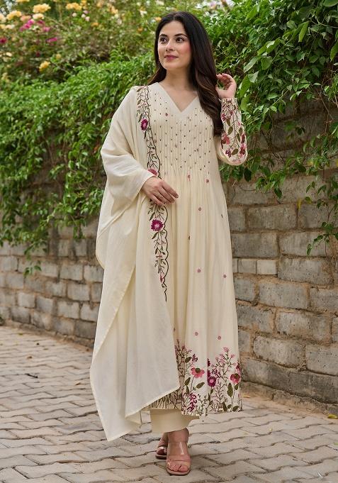 Cream Embroidery Chanderi Kurta Set