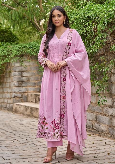 Pink Embroidery Chanderi Kurta Set