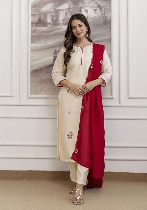 Cream Embroidery Chanderi Kurta Set