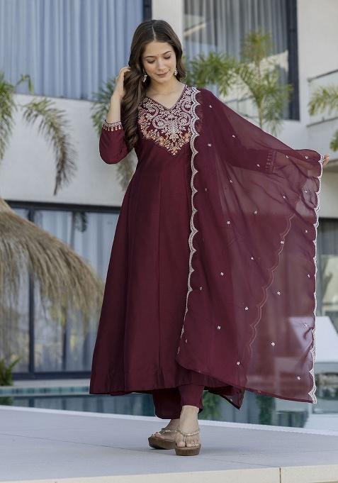 Maroon Embroidery Chiffon Kurta Set