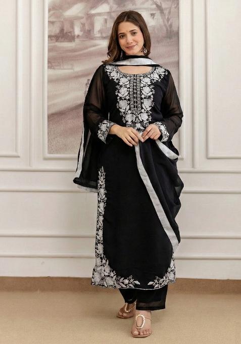 Black Embroidery Georgette Kurta Set