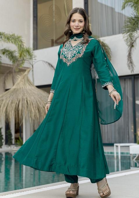 Green Embroidery Chiffon Kurta Set