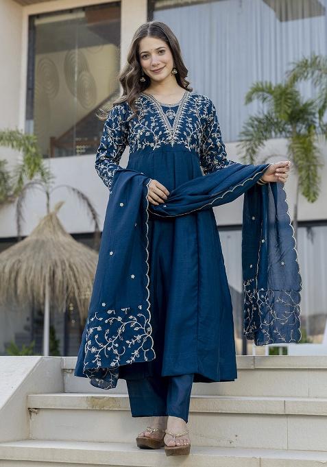 Blue Embroidery Chanderi Kurta Set
