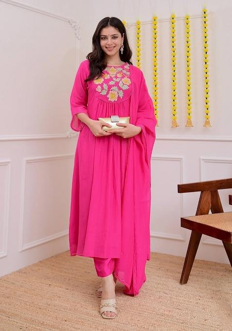 Pink Embroidery Chanderi Kurta Set