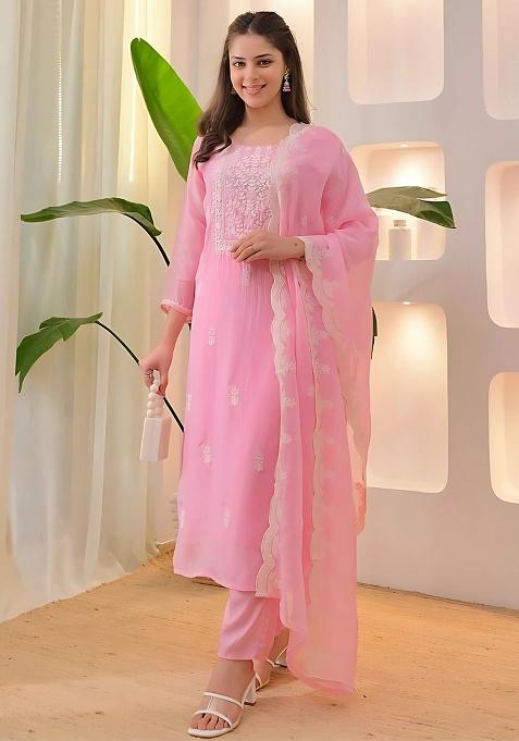 Pink Embroidery Silk Kurta Set