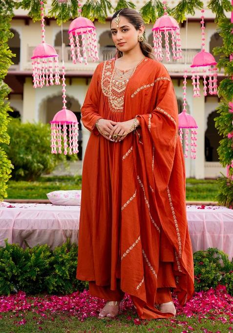 Rust Embroidery Silk Kurta Set