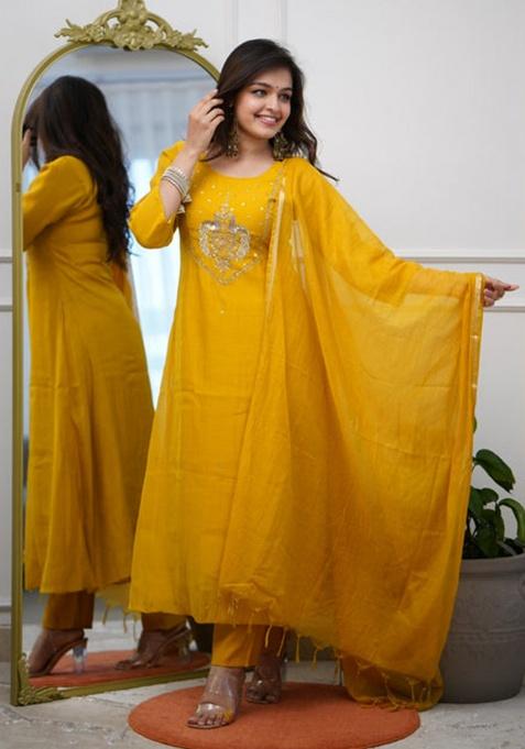 Yellow Embroidery Chanderi Kurta Set