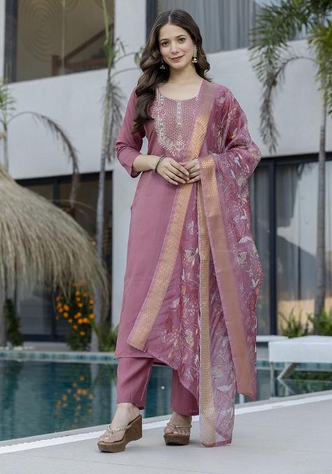 Peach Embroidery Chanderi Kurta Set