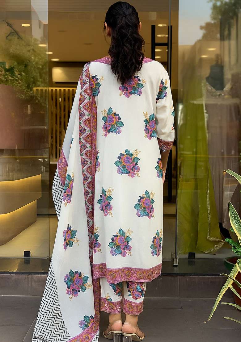 White Embroidery Cotton Kurta Set - Indya