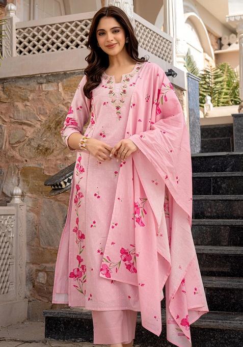 Pink Embroidery Chanderi Kurta Set
