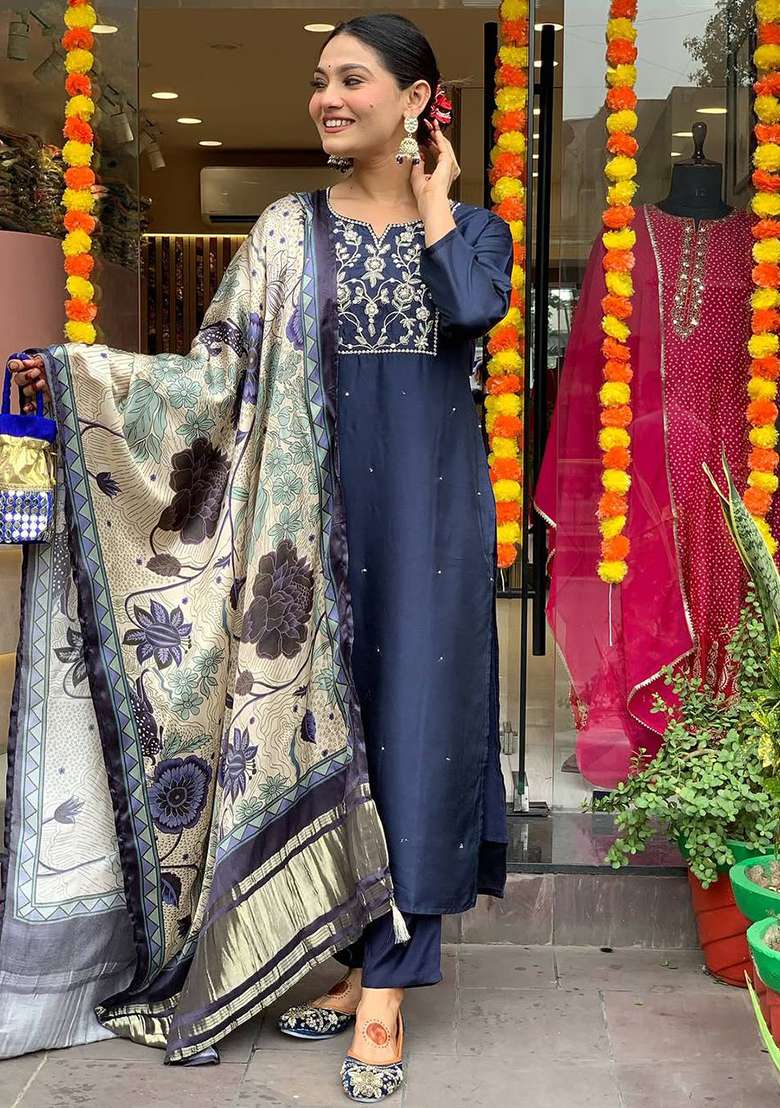 Blue Embroidery Chanderi Kurta Set - Indya