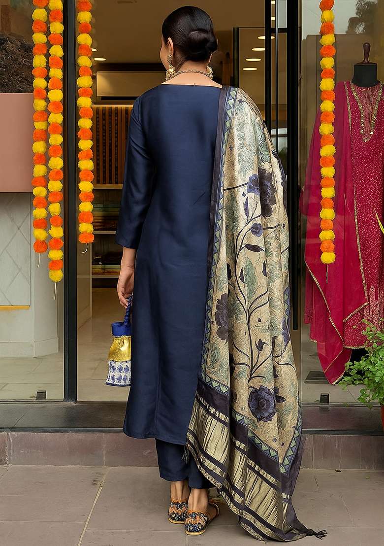 Blue Embroidery Chanderi Kurta Set - Indya