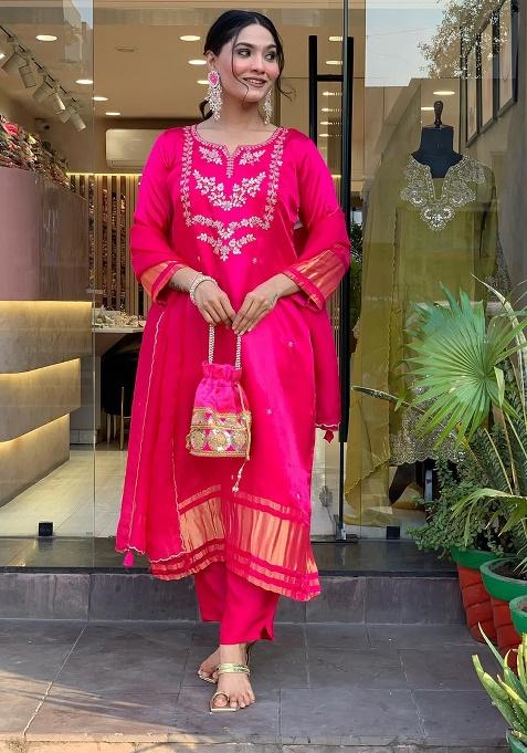 Pink Embroidery Silk Kurta Set