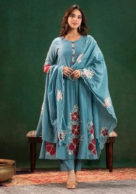 Blue Embroidery Chanderi Kurta Set