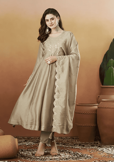 Cream Embroidery Silk Kurta Set