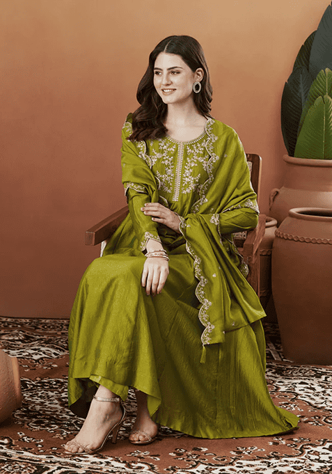 Green Embroidery Silk Kurta Set