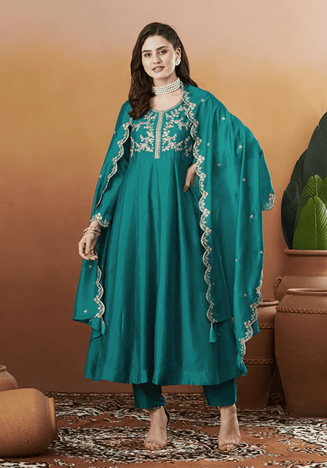Aqua Blue Embroidery Silk Kurta Set