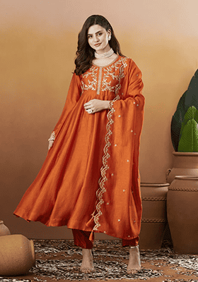 Orange Embroidery Silk Kurta Set