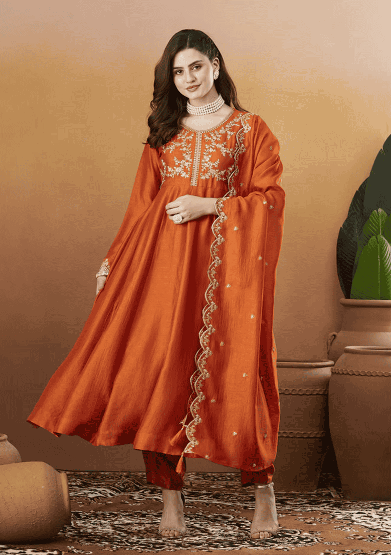 Orange Embroidery Silk Kurta Set - Indya