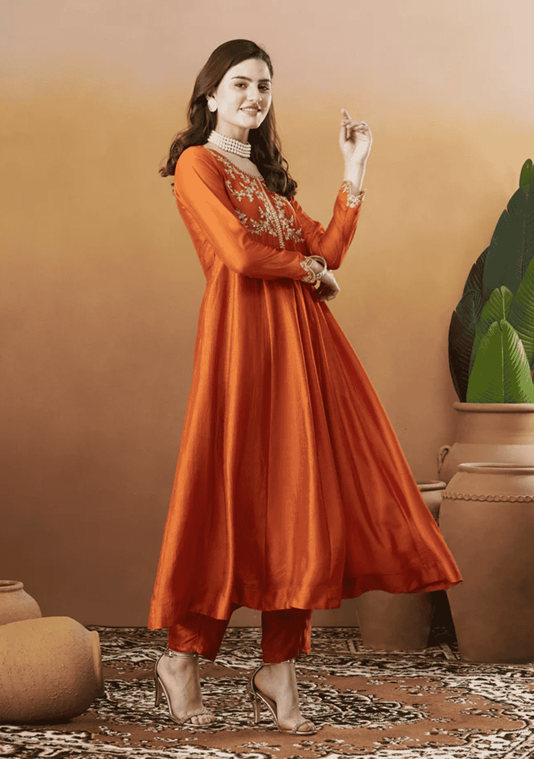 Orange Embroidery Silk Kurta Set - Indya
