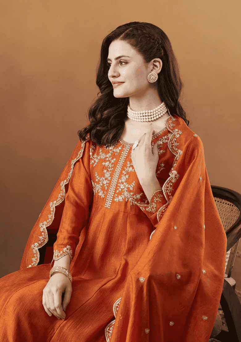 Orange Embroidery Silk Kurta Set - Indya