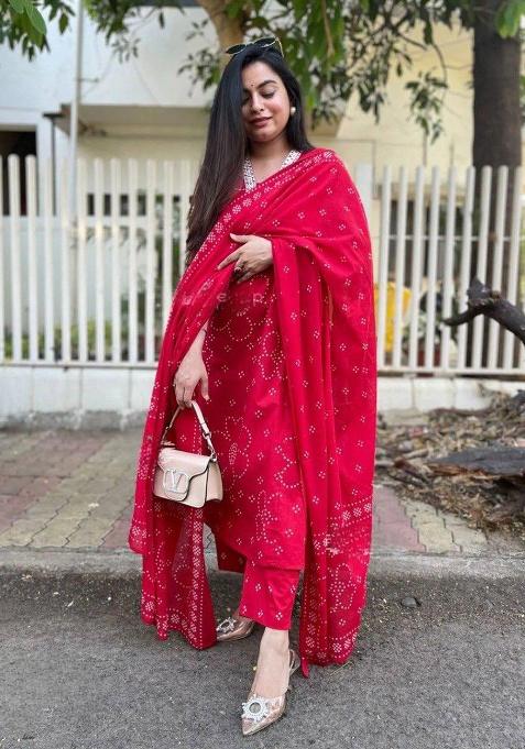 Red Embroidery Rayon Kurta Set