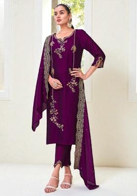 Purple Embroidery Silk Kurta Set