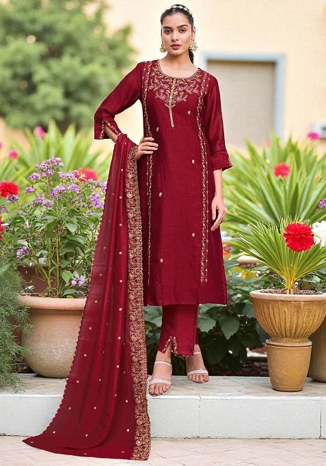 maroon Embroidery Silk Kurta Set
