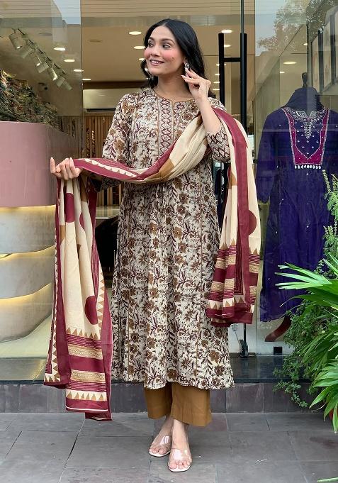 Cream Embroidery Cotton Kurta Set