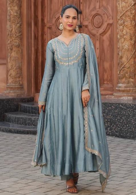 Blue Embroidery Silk Kurta Set