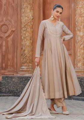 Cream Embroidery Silk Kurta Set