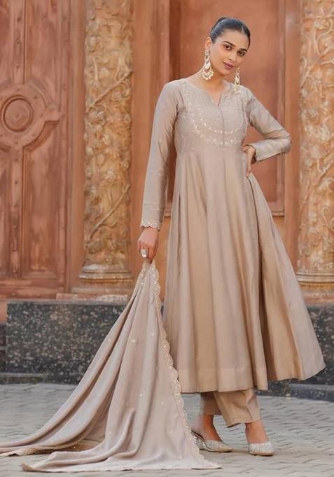 Cream Embroidery Silk Kurta Set