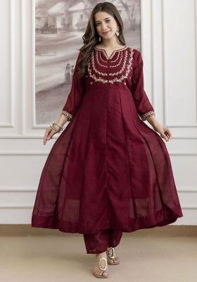 maroon Embroidery Silk Kurta Set