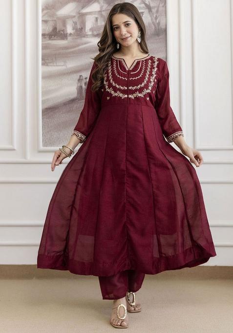 maroon Embroidery Silk Kurta Set