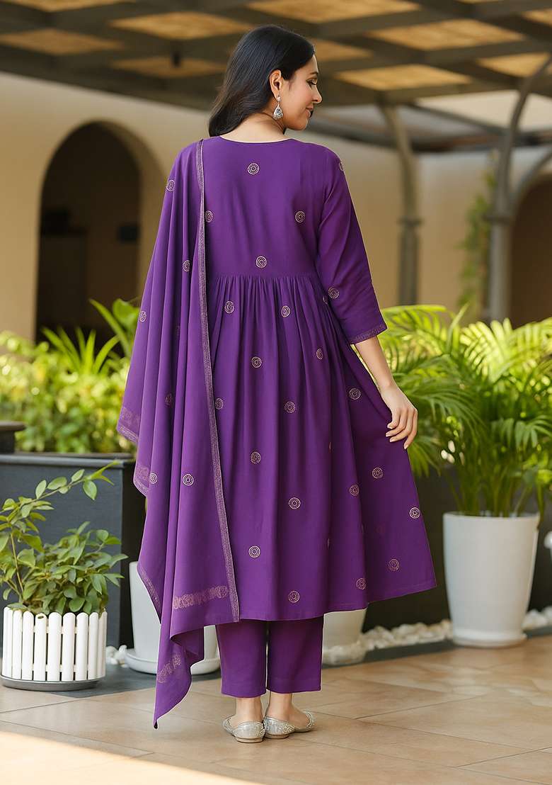 Purple Embroidery Rayon Kurta Set - Indya