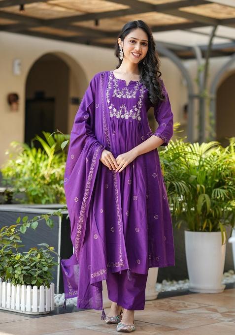Purple Embroidery Rayon Kurta Set