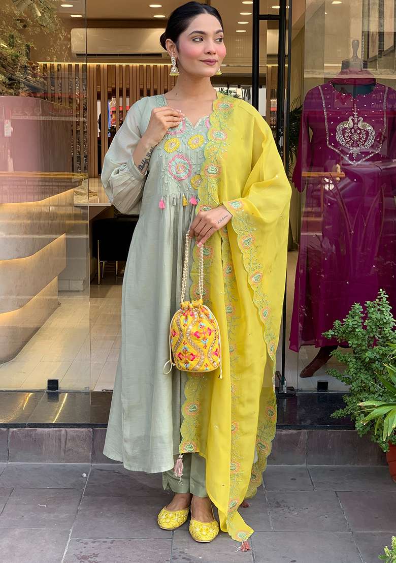 Sea Green Embroidery Silk Kurta Set - Indya