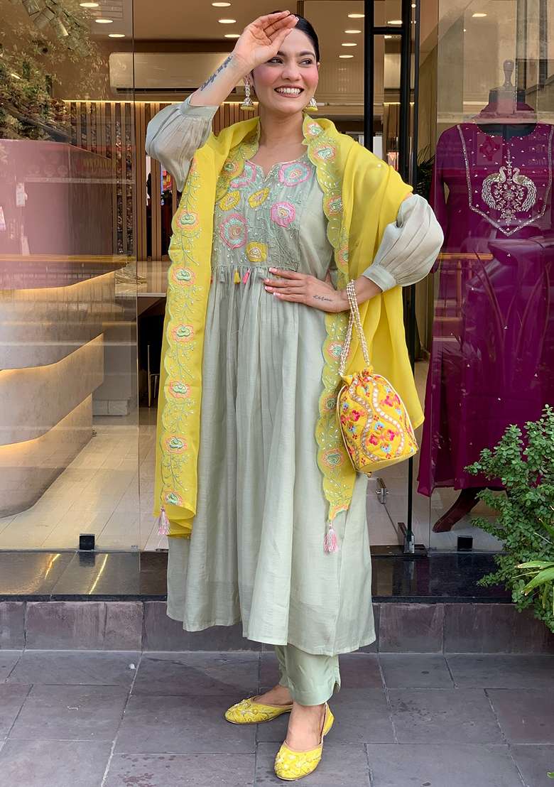 Sea Green Embroidery Silk Kurta Set - Indya