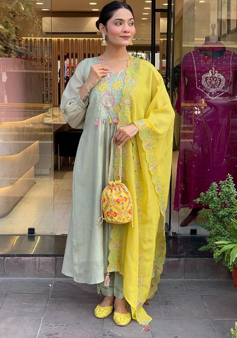 Sea Green Embroidery Silk Kurta Set