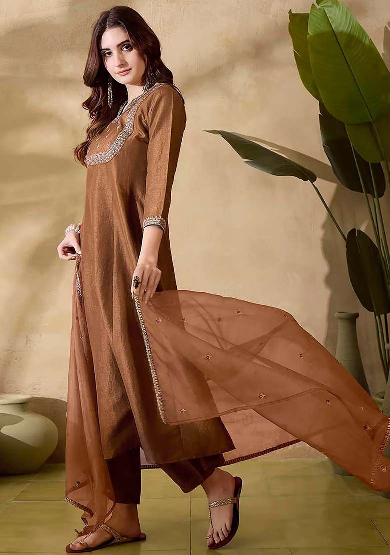 Brown Embroidery Silk Kurta Set - Indya